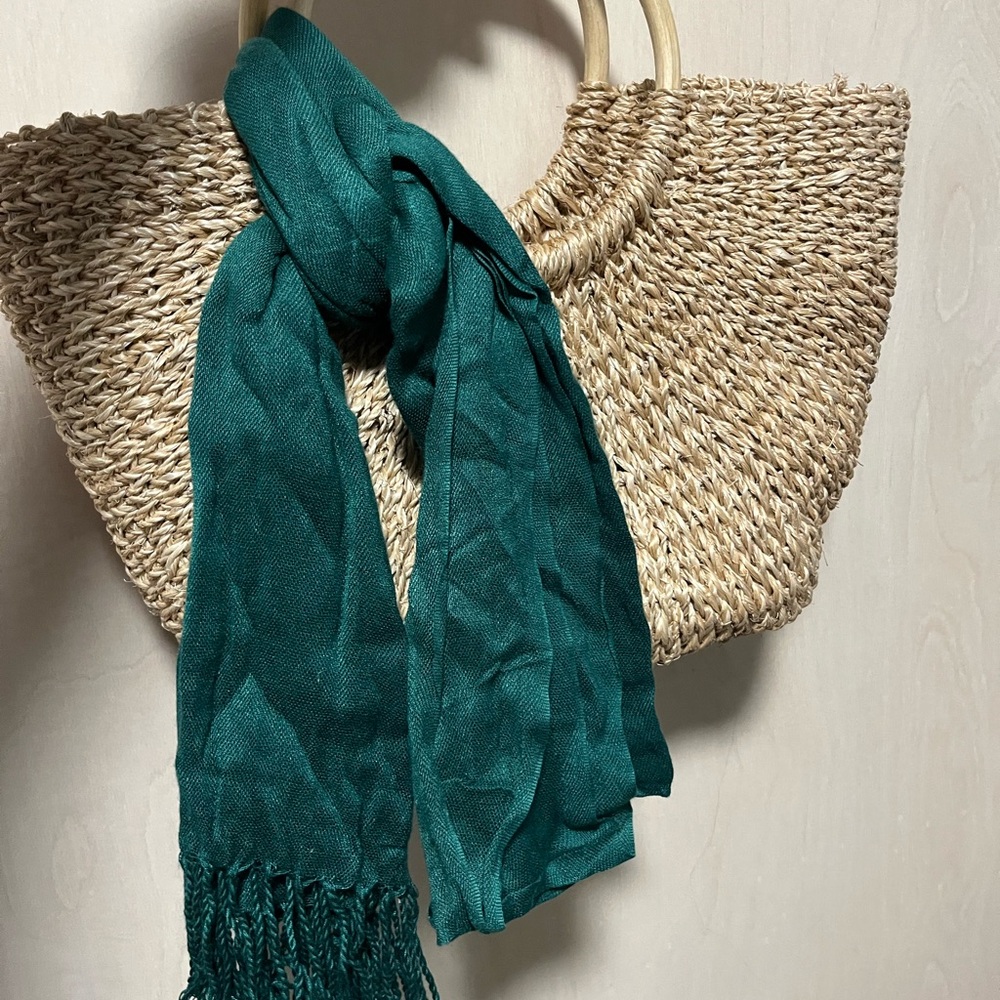 Elegant Teal Scarf with Woven Straw Bag